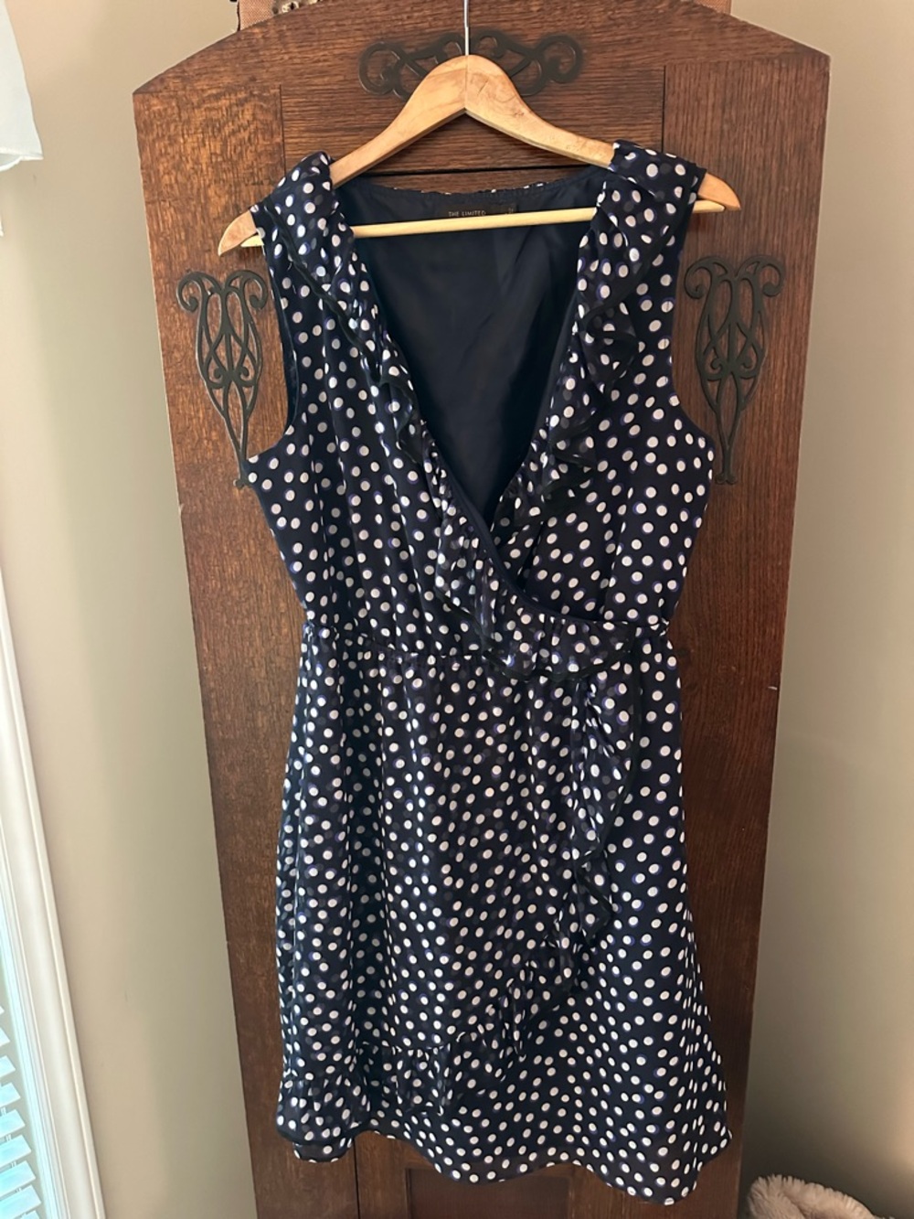 The Limited Polka Dot Navy Wrap A-line Dress - Sleeveless Ruffle Detail Size 12